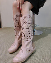 Leather Round Toe Rivet Flat Boots Knee High Spike-BS00980-Veeddydropshipping